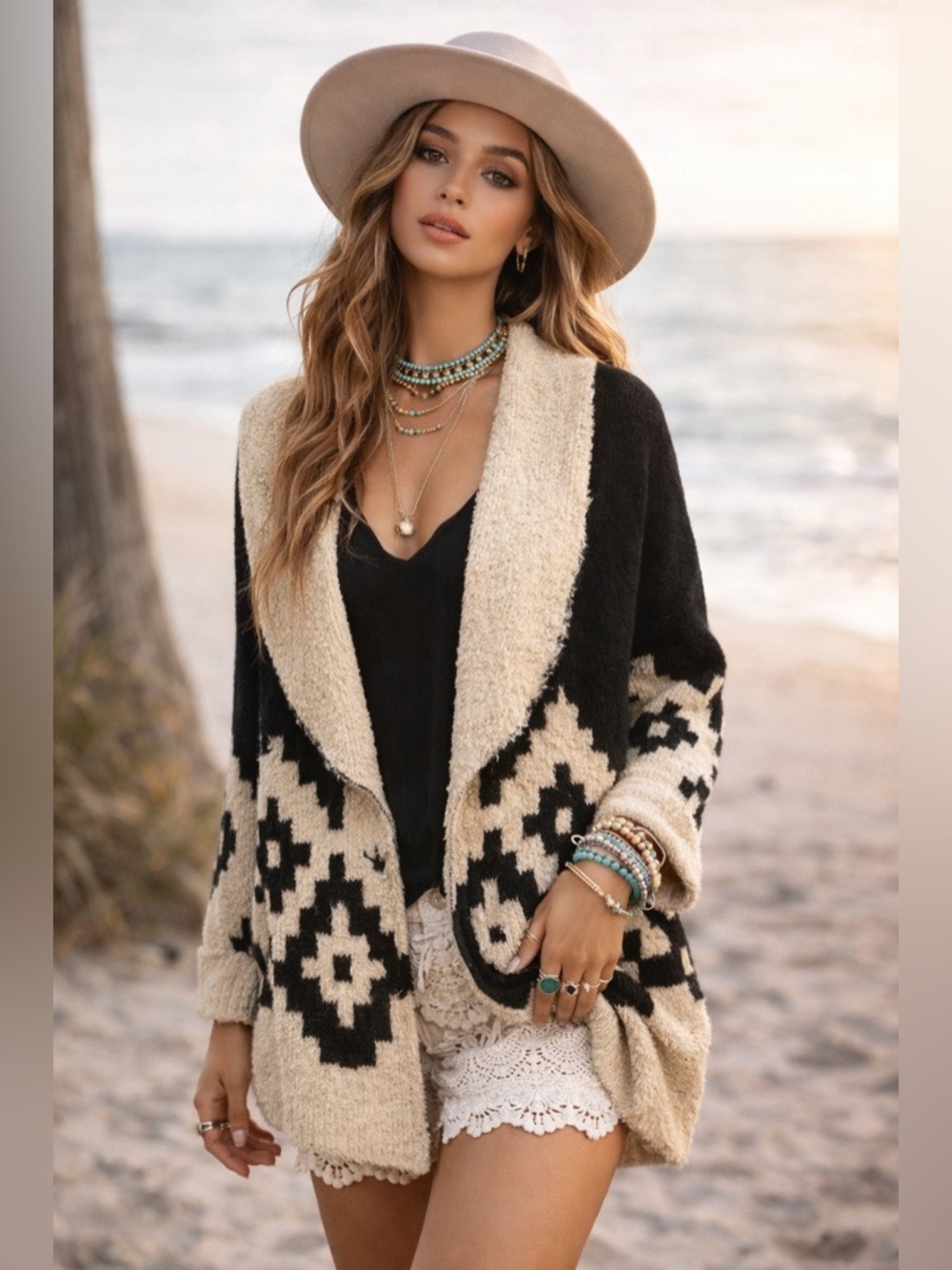 Knox Rose XXL Open Cardigan Aztec Cream Black Soft Cozy Boho NWT